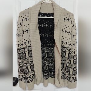 Tan and Black Owl Pattern Cardigan Sweater